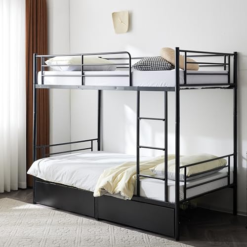 Karl home Bunk Bed Twin Over Twin with 2 Drawers, Metal Bunk Bed with Built-in Ladder and Safety Guardrail, Space-Saving Twin Bunk Beds for Teens & Adults, No Box Spring Needed, Black