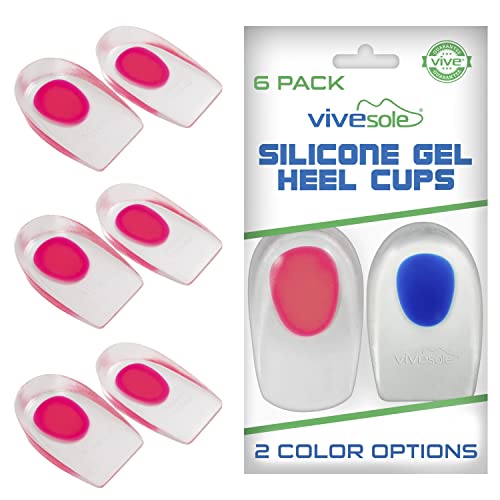 Vivesole 3 Pairs Gel Heel Cups For Heel Pain, Plantar Fasciitis - Silicone Cushion Pads for Achilles Tendonitis - Shock Absorbing Shoe Wedge Inserts for Bone Spur, Foot Pain Relief, Sore, Bruised Feet