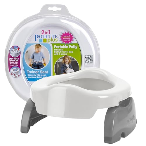 Kalencom Potette Plus 2-in-1 Travel Potty and Trainer Seat - Dual-Purpose Potty Training Toilet Seat - Portable Potty for Toddler Travel - with Durable, Lock-in Legs and Splash Guard - White/Gray