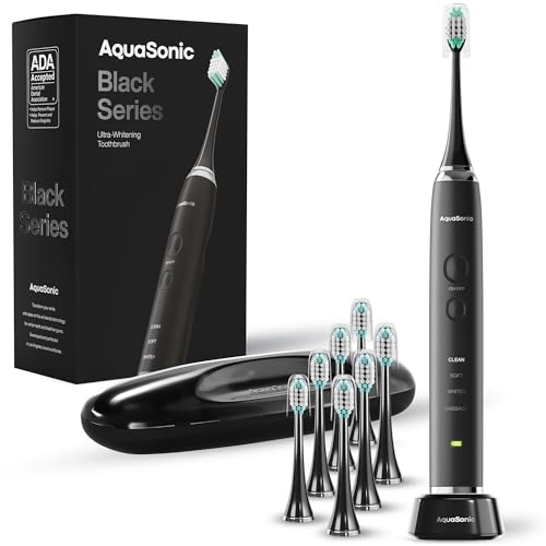 Aquasonic Black Series Ultra Whitening Toothbrush – ADA Accepted Power Toothbrush - 8 Brush Heads & Travel Case – 40,000 VPM Electric Motor & Wireless Charging - 4 Modes w Smart Timer