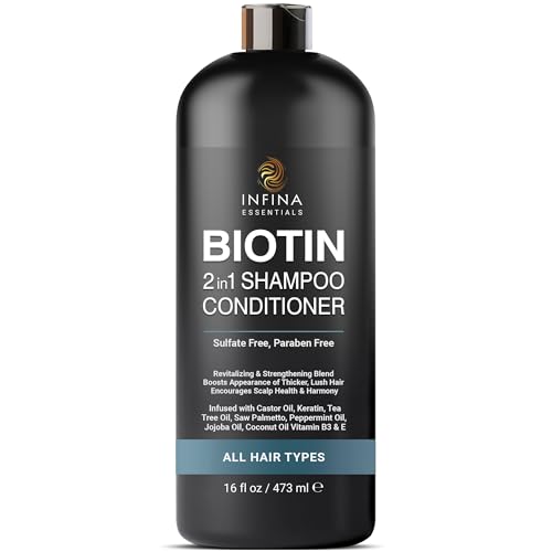 INFINA ESSENTIALS Biotin Shampoo and Conditioner 2 in 1 for Men & Women | Hair Thickening Formula with Saw Palmetto, Keratin, Caffeine, Tea Tree Oil & Vitamin E | 2in1 Hair Care Convenience - 16 fl oz