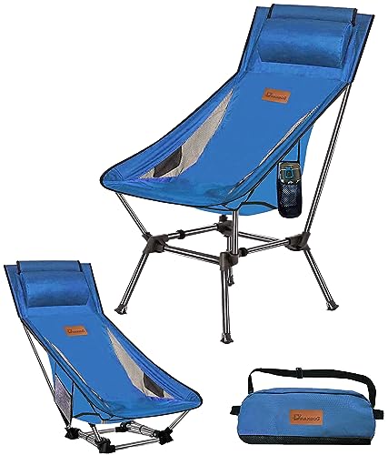 DRAXDOG Camping Chair, Great Size, Over Size 2 Way Compact Backpacking Chair, Portable Folding Chair, Beach Chair with Side Pocket and headrest, Lightweight Hiking Chair ZGST (Blue)