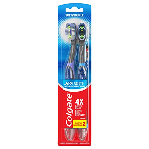 Colgate 360 Floss Tip Battery Powered Toothbrush, Sonic Toothbrush With Soft Bristles, Tongue Cleaner Helps Remove Bacteria, Great for Travel, Includes 1 AAA Battery Total, 2 Pack