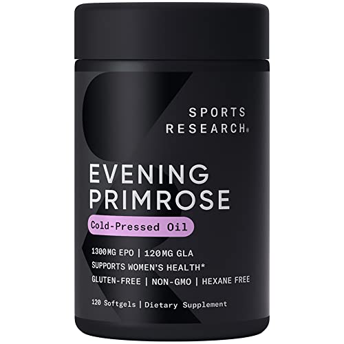 Sports Research Evening Primrose Supplement from Cold Pressed Oil - Softgels for Women’s Health & Skin Health - Gluten Free & Non-GMO GLA - High Potency 1300mg, 120 Count