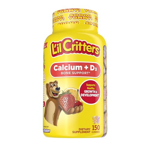 L’il Critters Calcium + D3 Daily Gummy Supplement for Kids, for Bone Support, Orange, Strawberry and Cherry Flavors, 150 Gummies