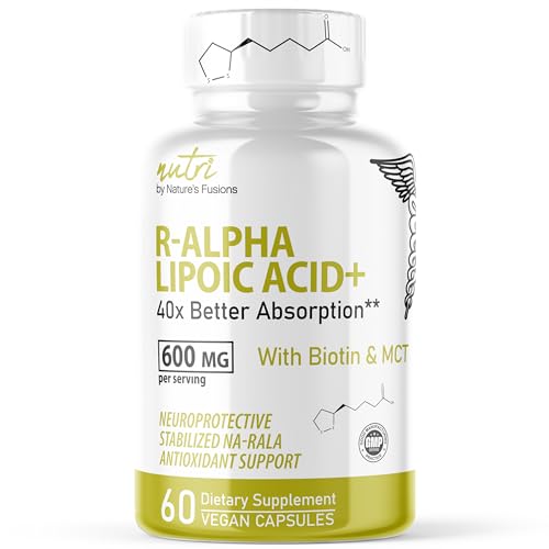 Nutri R Alpha Lipoic Acid 600mg Capsules - R Lipoic Acid Stabilized with Biotin - Active Form R-ALA - Clinical Dosage - Powerful Antioxidant and Cellular Energy Support - 60 Vegan Capsules