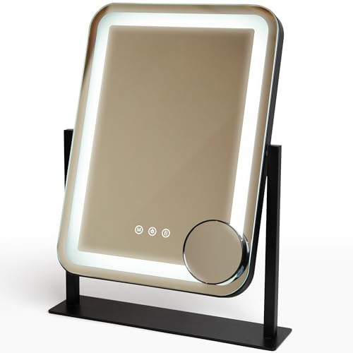 ilumain Premium Vanity Mirror with Lights - LED Makeup Mirror - 3 Lighting Modes with Adjustable Brightness - Smart Touch Control - Detachable 10x Magnification & 360°Rotation (16in. Black)