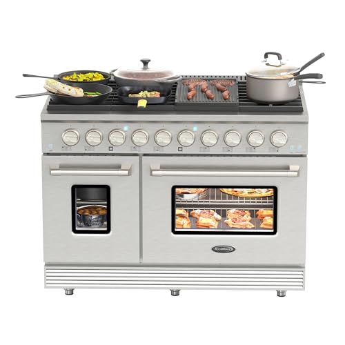 KoolMore 48” Dual Oven Natural Gas Range Stove with 8 Sealed Burners, Griddle, Grill, and Convection Oven for Kitchen Cooking and Baking, 10K BTU Broiler [Stainless Steel] (KM-FR48GL-SS), Silver