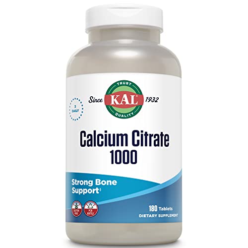 KAL Calcium Citrate 1000mg, Calcium Supplements for Women and Men, Bone Health, Teeth, Nervous, Muscular & Cardiovascular System Support, Gluten Free and Lab Verified, 60 Servings, 180 Tablets