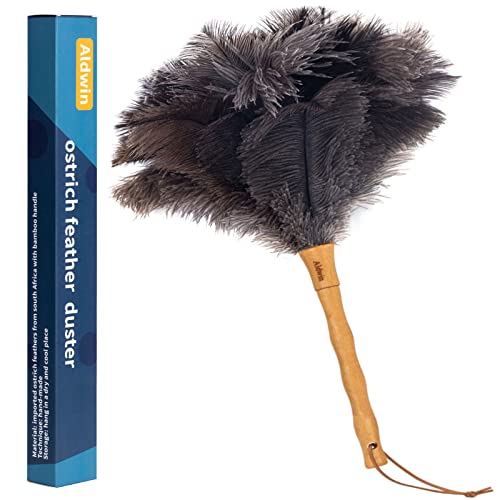 Aldwin Ostrich Feather Duster, 16 inch with Wood Handle Reusable, Fluffy Natural Feather Duster for Cleaning Supplies Washable, Keyboard, Home, Car, Office