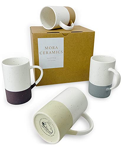 Mora Ceramics 12oz Coffee Mug Set of 4 - Tea Cups with Handle - Microwave and Dishwasher Safe, Perfect For Mug Lovers - Rustic Matte Glaze, Modern Design - Assorted Colors