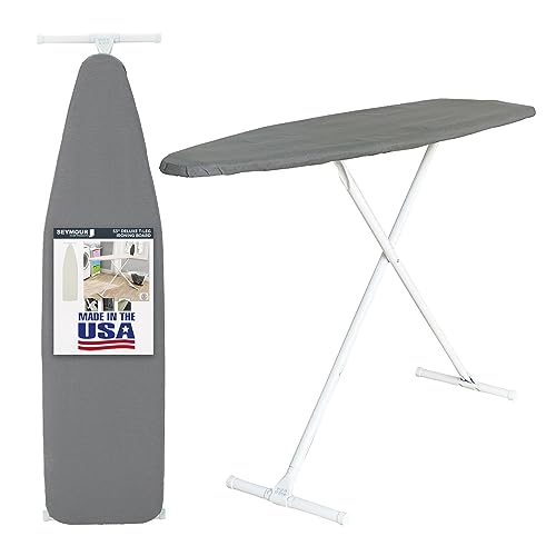 Ironing Board Full Size; Made in USA by Seymour Home Products (Solid Grey) Bundle Includes Cover + Pad | Iron Board w/Steel T-Legs Adjustable Tabletop up to 35