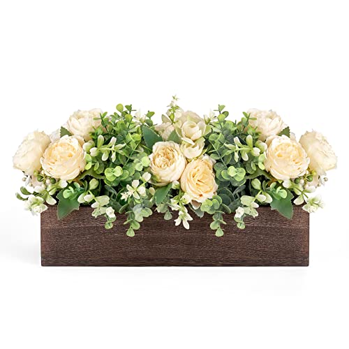 Dahey Centerpiece Table Decorations for Dining Room, Farmhouse Living Room Coffee Table Decor Wood Tray with Artificial Flowers and Eucalyptus Spring Table Centerpieces for Kitchen Dining Table