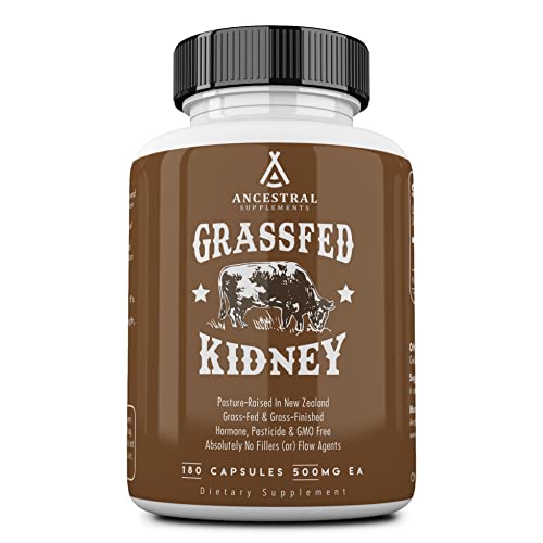 Ancestral Supplements Grass Fed Beef Kidney Supplement, 3000mg, DAO Enzyme Supplement, Kidney Support for Urinary and Histamine Health, Selenium, B12, Non GMO, 180 Capsules