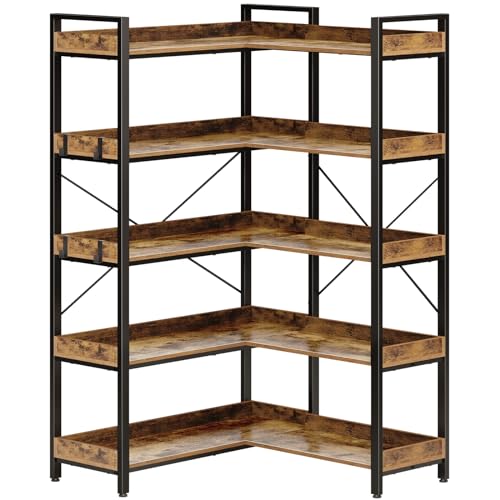 Rolanstar Bookshelf 5 Tier with 4 Hooks, Reversible Corner Bookshelf, 65