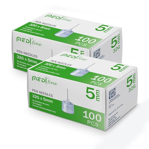 Medt - Fine Insulin Pen Needles (32G 5mm) - Diabetic Needles for Insulin Injections, Ultra Fine Compatible with Most Diabetes Pens - 100 Ct, Pack of 2