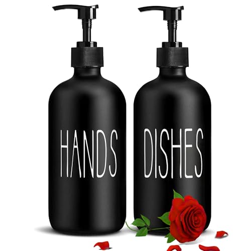 COHOSEGE Glass Soap Dispenser Set 2 Pack,Contains Hand and Dish Soap Dispenser.Premium Kitchen Soap Dispenser Set for Kitchen Sink and Farmhouse Decor .16 Oz Black Soap Dispenser with Pumps -Black