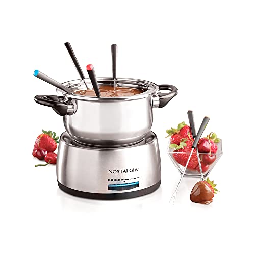 Nostalgia 6-Cup Electric Fondue Pot Set for Cheese & Chocolate - 6 Color-Coded Forks, Adjustable Temperature Control - Stylish Serving for Hors d