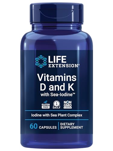 Life Extension Vitamins D and K with Sea-Iodine, vitamin D3, vitamin K1 and K2, iodine, supports immune, bone, arterial and thyroid health, non-GMO, gluten-free, 60 capsules