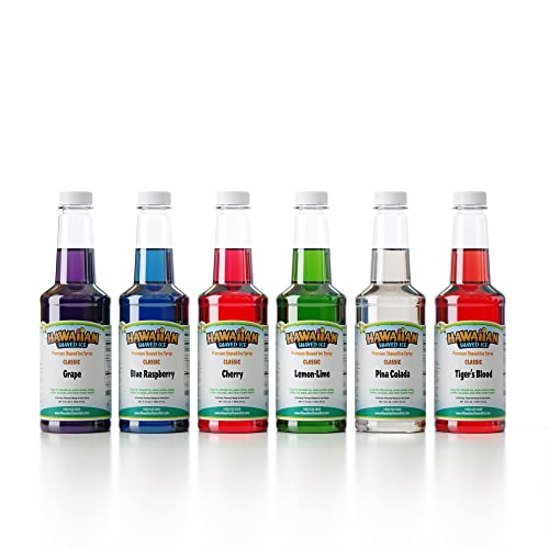 Hawaiian Shaved Ice Syrup Assortment, 6 Popular 16oz Flavors: Cherry, Grape, Blue Raspberry, Tiger