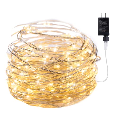 Minetom Fairy Lights Plug in, 33Ft 100 LEDs Waterproof Silver Wire Firefly Lights, Adaptor Included, Starry String Lights for Wedding Indoor Outdoor Christmas Patio Garden Decoration, Warm White