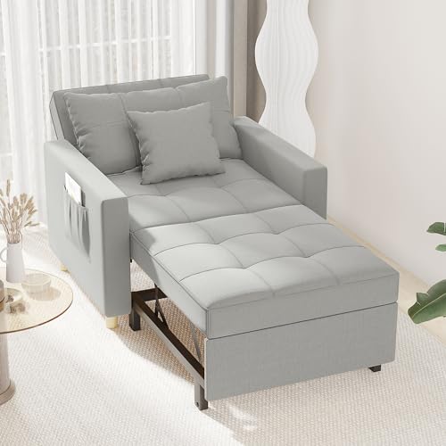 Esright 40 Inch Sleeper Chair Bed 3-in-1 Convertible Futon Multi-Functional Sofa Bed Adjustable Reading Chair with Modern Linen Fabric, Light Grey