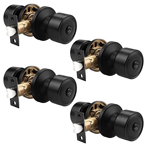 knobelite 4 Pack Door Knobs Privacy Function Keyless Lock Black Interior Round Door Lock, Flat Door Knob with Lock for Bedroom/Bathroom