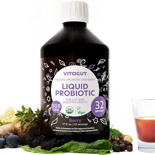 VITAGUT Liquid Probiotic, Prebiotics & Postbiotics 3-in-1 Organic, Live Probiotics for Women & Men - Probiotics for Digestive Health, 50 Billion CFU, 19 Fermented Herbs, Vegan Probiotic for Gut Health