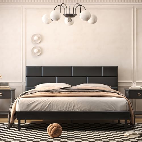 subrtex Bed Frame King Size with Headboard, Leather Wrap Metal King Bed, Bottom Steel Bar for Noise Prevention, No Box Spring Needed, Easy Assembly, Black