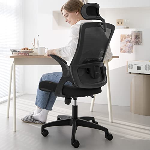 NEO CHAIR Office High Back Mesh Headrest Adjustable Height and Ergonomic Design Home Office Computer Desk Executive Lumbar Support Padded Flip-up Armrest Swivel Chair (Black)