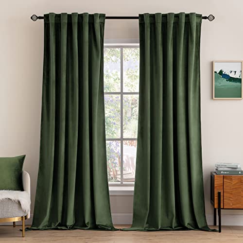 MIULEE Velvet Curtains 84 inches 2 Panels - Luxury Blackout Curtains for Bedroom Living Room Thermal Insulated Super Soft Window Drapes Rod Pocket & Back Tab, Olive Green, W52 x L84 inches