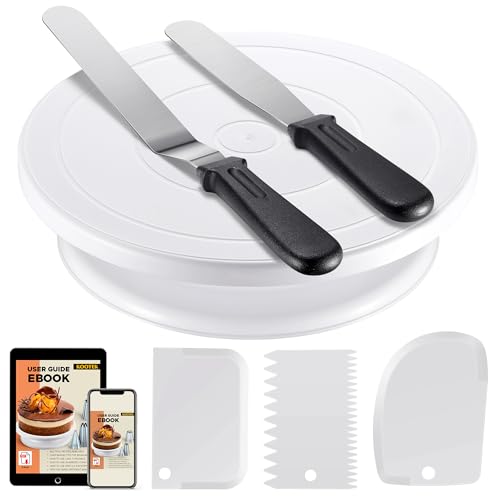 Kootek Cake Decorating Kit Baking Supplies Cake Turntable with 2 Frosting Straight Angled Spatula 3 Icing Smoother Scrapers Baking Accessories Tools for Beginners and Pros, White