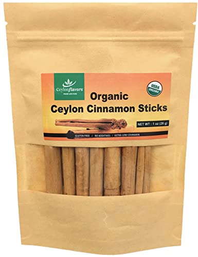 Organic Ceylon cinnamon sticks, True or Real Cinnamon, Premium Grade, Harvested from a USDA Certified Organic Farm in Sri Lanka 1 oz / 28 g (3