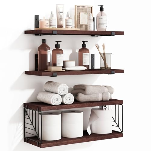 Fixwal 3+1 Tier Bathroom Floating Shelves Over Toilet, 15.8in Farmhouse Rustic Wood Shelves, Wall Decor for Bathroom, Living Room,Bedroom and Kitchen (Walnut Brown)