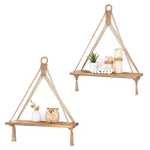 Mkono Macrame Hanging Shelves Boho Wall Decor Set of 2 Rustic Wood Floating Storage Shelf for Bedroom Bathroom Living Room Nursery Dorm Room, Display Shelving for Hanging Plants Photos, Brown