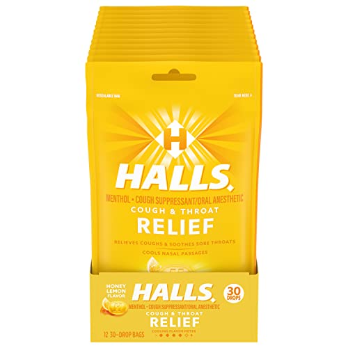 HALLS Relief Honey Lemon Cough Drops, 12 Packs of 30 Drops (360 Total Drops)