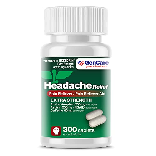 GenCare - Headache Relief Acetaminophen with Aspirin (NSAID) & Caffeine (300 Caplets) Value Pack | Head Pain, Muscle Aches, Back Pain & Body | Generic Excedrin Extra Strength