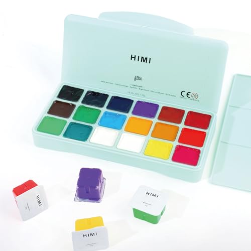 HIMI Gouache Paint Set Jelly Cup 18 Vibrant Colors Non Toxic Paints with Portable Case Palette for Artist Canvas Painting Watercolor Papers, Rich Pigment, 30ml/Cup