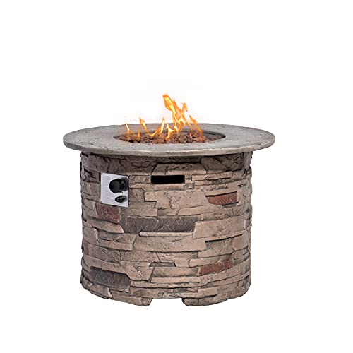 HOMPUS Outdoor Propane Fire Pit Table,32-inch Imitation Stone Round Concrete Propane Fire Pit with Lava Rocks and Rain Cover 40,000 BTU Gas Smokeless Fire Pit for Outside Patio,Garden,Deck or Backyard