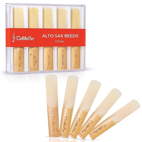 CeMeow Alto Saxophone Reeds 2.5, Professional Alto Sax Reeds 10Pack with Plastic Box, Thinner Reed Tip Advanced Cutting Technology for Saxophone Beginner and Player