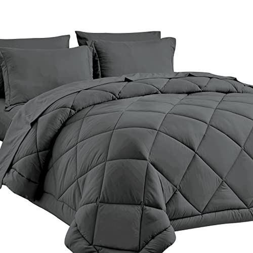 CozyLux Queen Bed in a Bag 7-Pieces Comforter Sets with Comforter and Sheets Dark Grey All Season Bedding Sets with Comforter, Pillow Shams, Flat Sheet, Fitted Sheet and Pillowcases