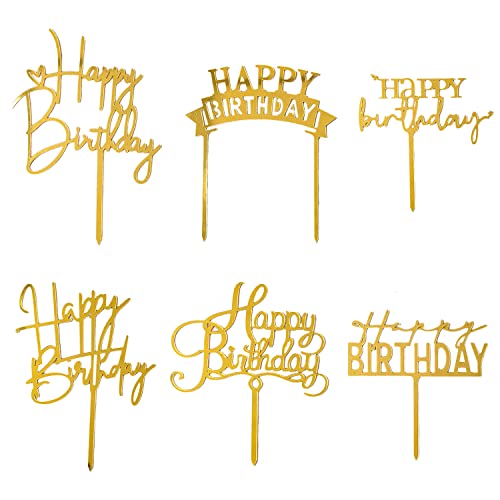 Gold Cake Topper, 6pcs Acrylic Cake Toppers for Birthday Decorations