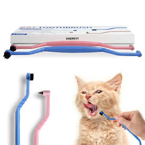 xuepett 2 Pcs Dual Sided Cat Toothbrushs with Micro Brush Head, Anti-Slip Curved Handle Cat Teeth Cleaning Brushs, Cat Dental Care Supplies Eliminates Bad Breath and Reduces Plaque Tartar Formation