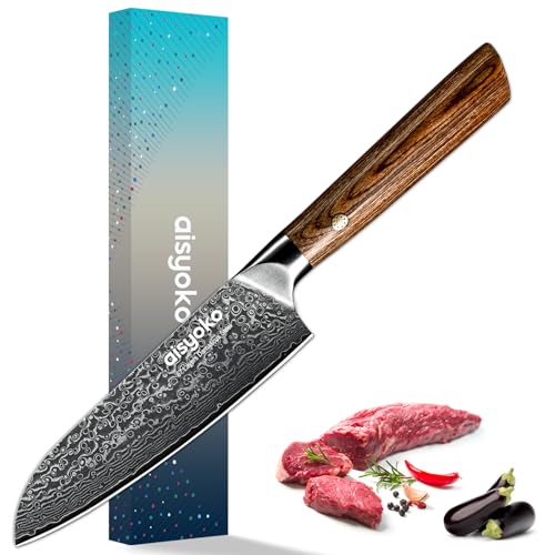 aisyoko Santoku Knife 5 inches-Japan VG-10 Super Steel 67 Layer Damascus Steel-Sharp Kitchen Knife-Luxury Gift Box with Colored Wooden Handle-With Scabbard