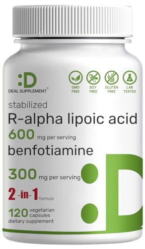 R Alpha Lipoic Acid 600mg with Benfotiamine 300mg Per Serving, 120 Veggie Capsules – 200mg R-ALA Per Capsule – Antioxidant Supplement for Energy & Nervous System Support