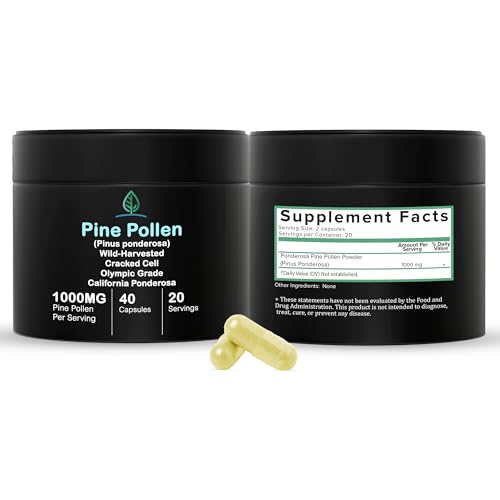 Holistic Bin Pine Pollen Capsules 500mg Made w/ 100% Pure Pharmaceutical Grade, Wild Harvested California Pine Pollen Powder | Organic, Non GMO, No Fillers | 30 Day Supply (40 Capsules)