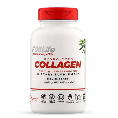 Full Life Hydrolyzed Collagen Supplements - Bovine Collagen Pills for Women and Men - Kosher Collagen Capsules, Gluten-Free - 90 Veggie Capsules 2,500mg