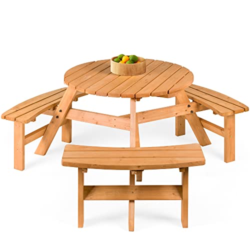 Best Choice Products 6-Person Circular Outdoor Wooden Picnic Table for Patio, Backyard, Garden, DIY w/ 3 Built-in Benches, 500lb Capacity - Natural
