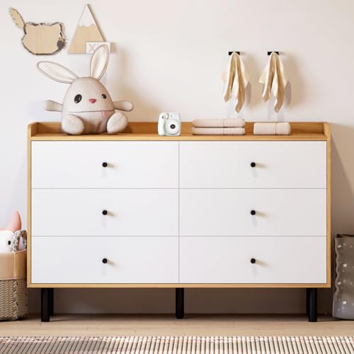 MAISONPEX Dresser for Bedroom with 6 Drawers and Metal Handle,Sturdy Frame Modern Bedroom Furniture, Chest of Drawers, White Dressers with Drawers for Closet Hallway, Living Room, Entryway