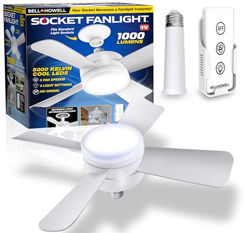 Socket Fan Light Deluxe LED – Ceiling Fans with Lights and Remote Control, Lightbulb Replacement for Indoor - Bedroom, Kitchen, Living Room,1000 Lumens / 5000 Kelvins As Seen On TV